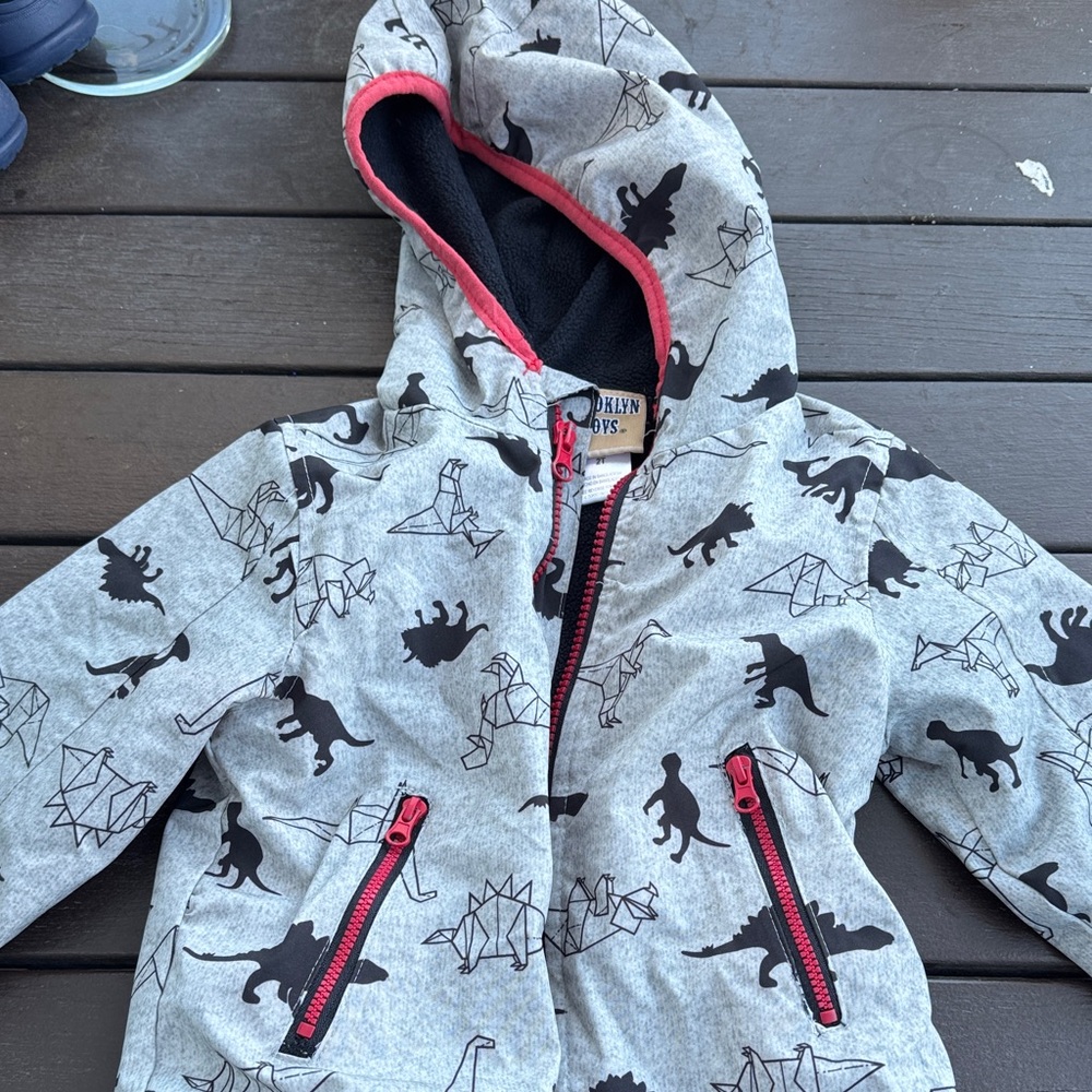 Gray Dinosaur Print Hoodie with Red Accents